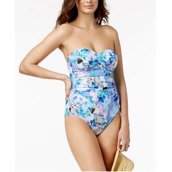 NWT Calvin Klein Womens 16 Plus Size Floral Swimsuit Bikini One Piece Strapless - Picture 1 of 9